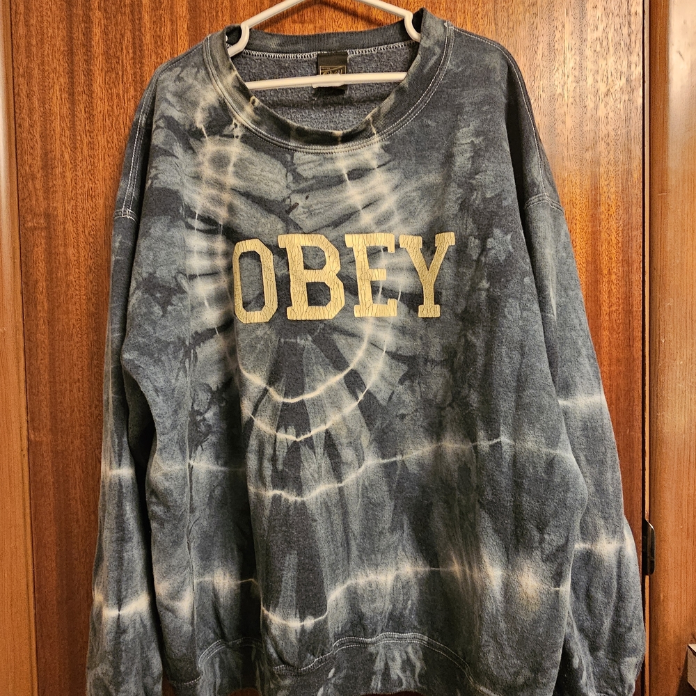 Obey Men's Blue Tie-Dye Crewneck Sweater